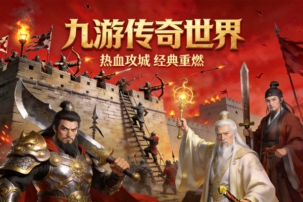 九游传奇世界游戏封面图，展示热血攻城战场和经典复古风格角色