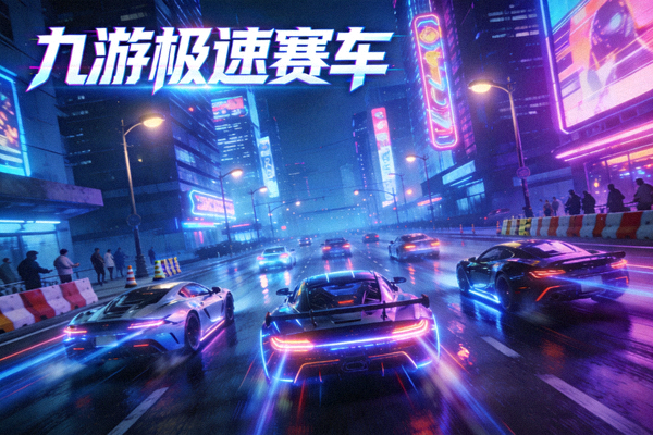 九游极速赛车游戏画面，展现霓虹灯下的街头赛车竞速场景