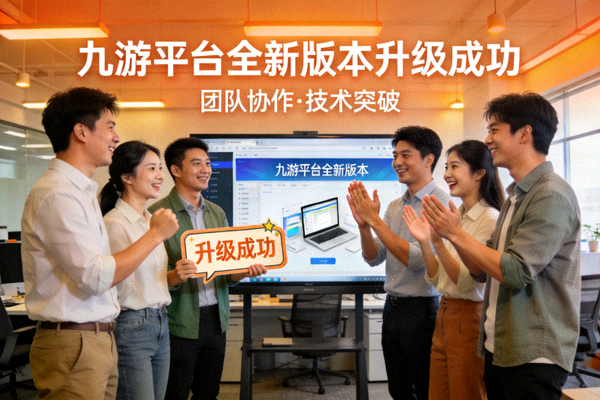 九游平台全新版本升级新闻配图，展示现代办公团队庆祝系统升级成功场景