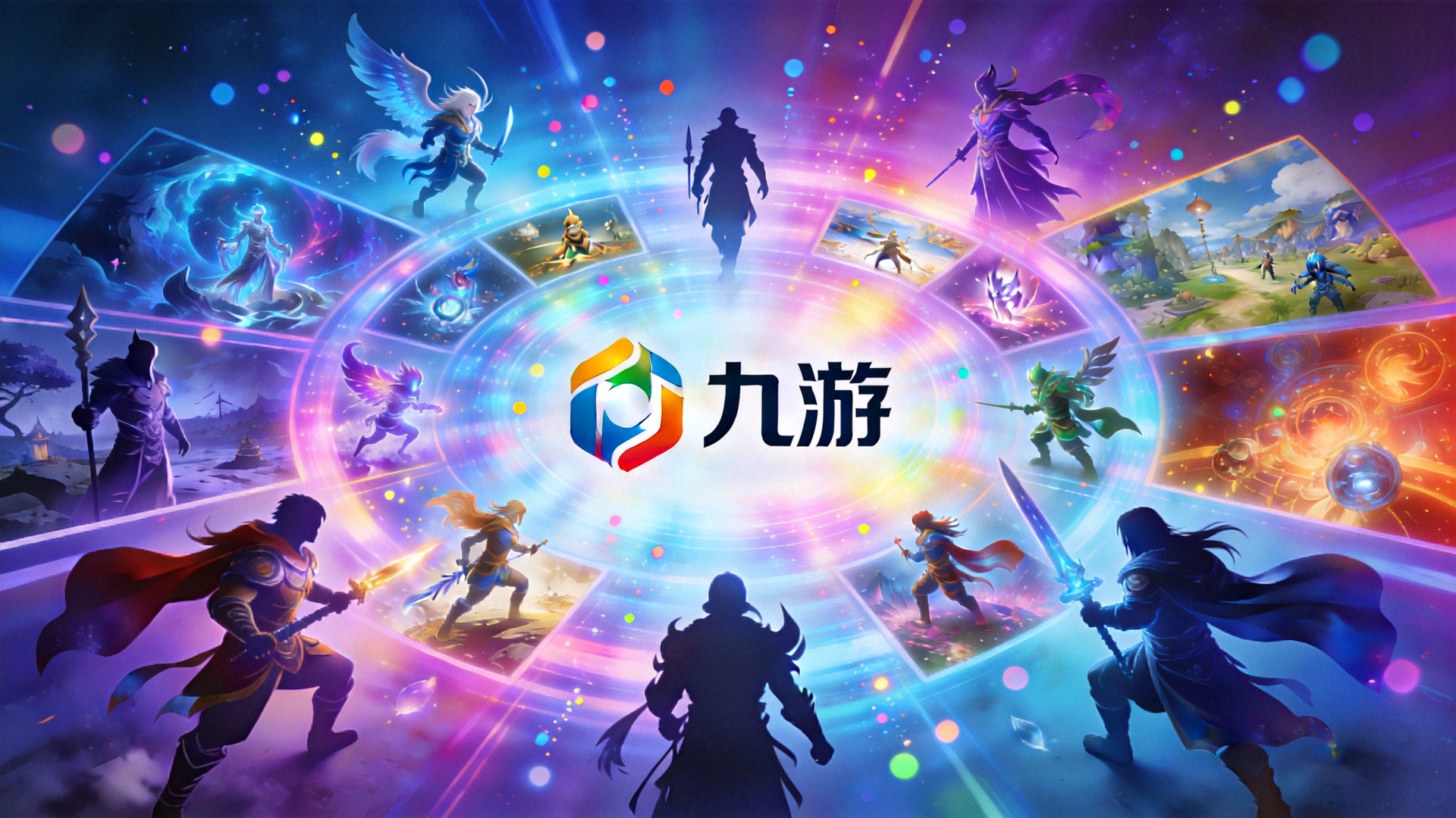 九游平台热门游戏聚合背景图，奇幻绚丽的光影效果营造沉浸式游戏氛围