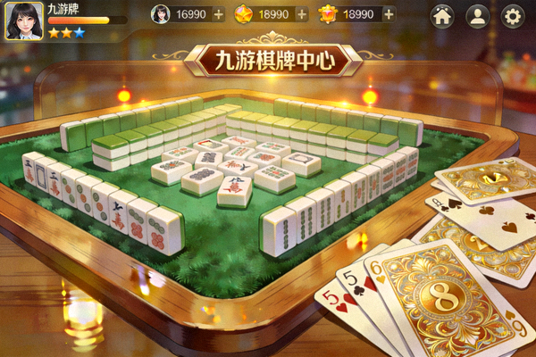 九游棋牌中心游戏画面，展示精美扑克牌与麻将桌的休闲娱乐场景