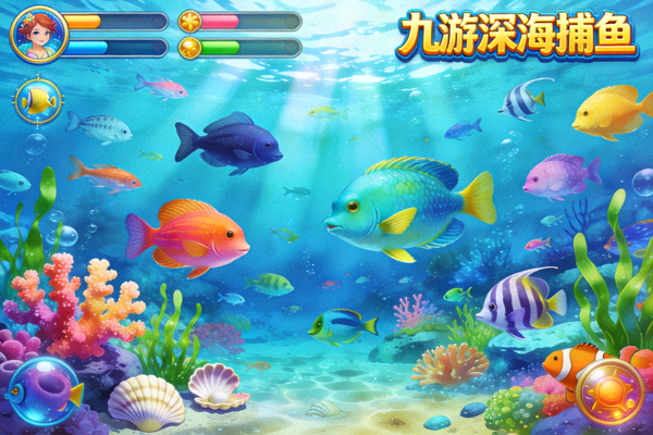 九游深海捕鱼游戏场景，呈现色彩斑斓的海底世界和丰富鱼群