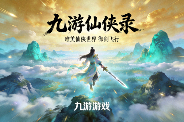 九游仙侠录游戏宣传图，展现唯美仙侠世界的山川云海与御剑飞行