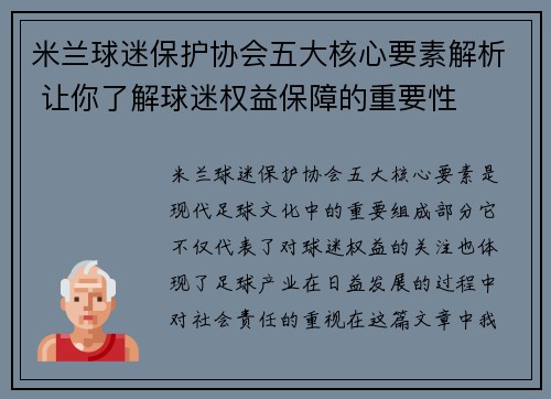 米兰球迷保护协会五大核心要素解析 让你了解球迷权益保障的重要性